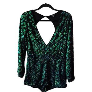 HAODUOYI Black Green Blue Sequin Romper long sleeve open back XXL